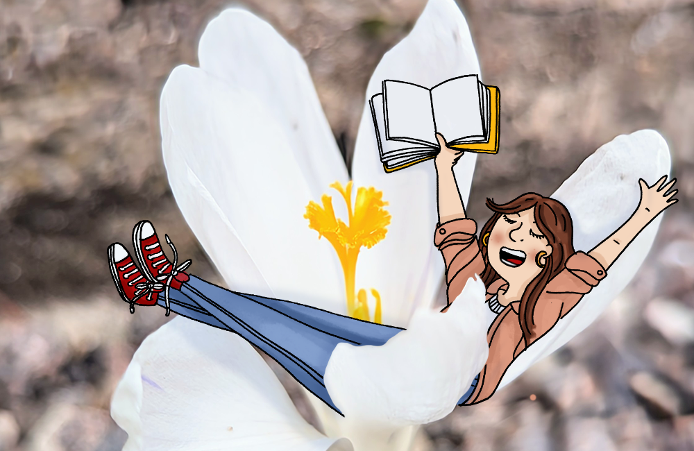 Jeune fille lisant dans un grand crocus violet dans une illustration douce et printanière aux couleurs pastel