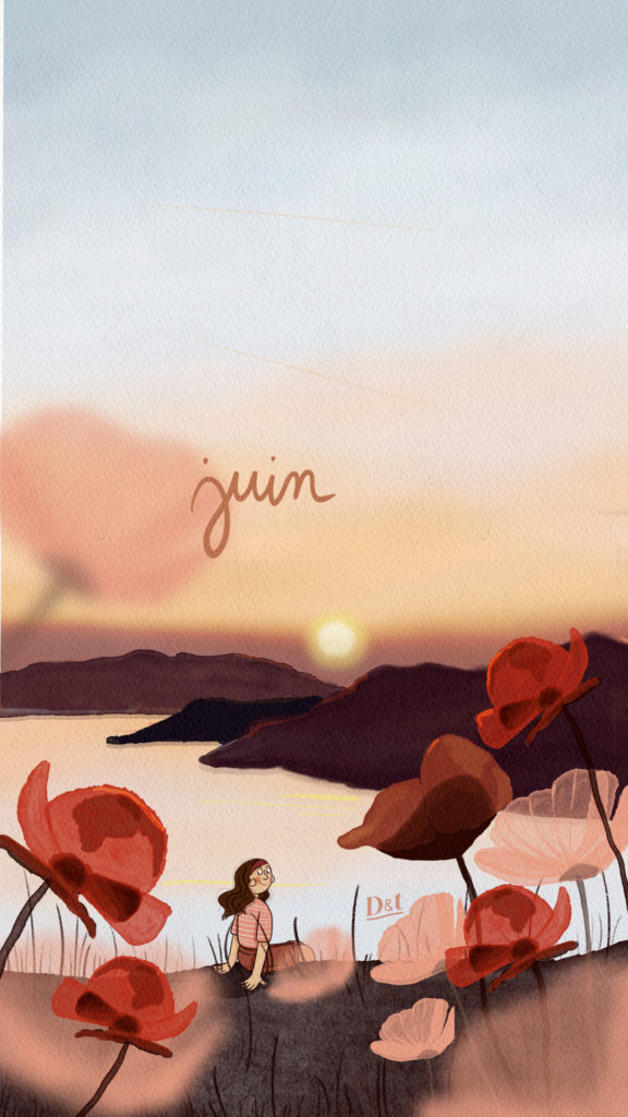 Illustration artistique en fond d’écran pour téléphone, représentant une plage tranquille bordée de fleurs sauvages rouges et roses, dans une ambiance douce et estivale.