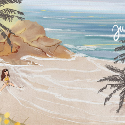 Illustration en format portrait pour écran de téléphone, représentant un coucher de soleil sur la mer, des fleurs jaunes et une ambiance paisible inspirée par la mer, en Italie