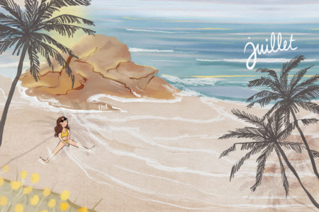Illustration en format portrait pour écran de téléphone, représentant un coucher de soleil sur la mer, des fleurs jaunes et une ambiance paisible inspirée par la mer, en Italie
