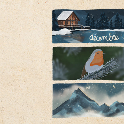 Illustration en format portrait pour un écran d'ordinateur, représentant un chalet au bord d'un lac. Illustré sur Procreate par Drawings And Things