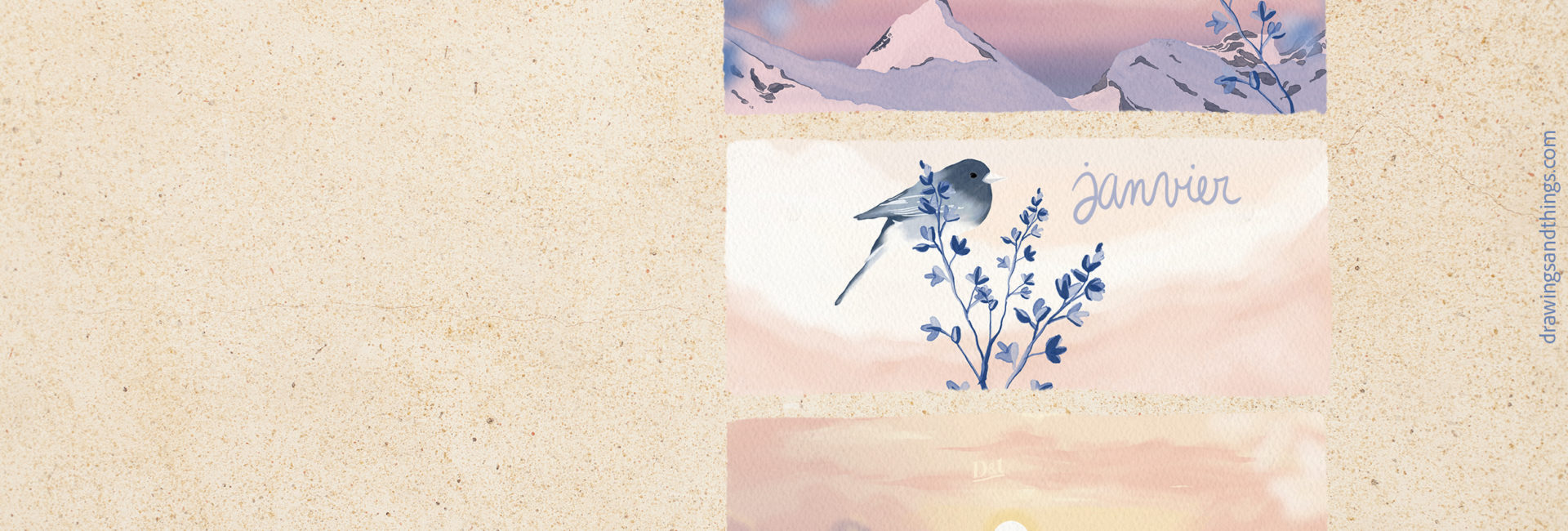 Illustration en format paysage pour écran de votre ordinateur, représentant une série d'illustrations sur la montagne. Illustré sur Procreate par Drawings And Things.