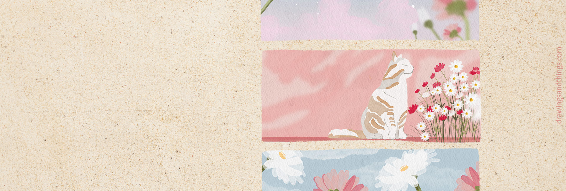 Illustration en format paysage pour écran de votre ordinateur, représentant une série d'illustrations sur le printemps, les fleurs et les félins. Illustré sur Procreate par Drawings And Things.