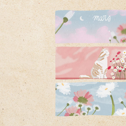 Illustration gratuite en format paysage pour écran de votre ordinateur, représentant une série d'illustrations sur le printemps, un renard et une vue du ciel. Illustré sur Procreate par Drawings And Things.