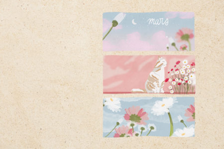 Illustration en format paysage pour écran de votre ordinateur, représentant une série d'illustrations sur le printemps, les fleurs et les félins. Illustré sur Procreate par Drawings And Things.