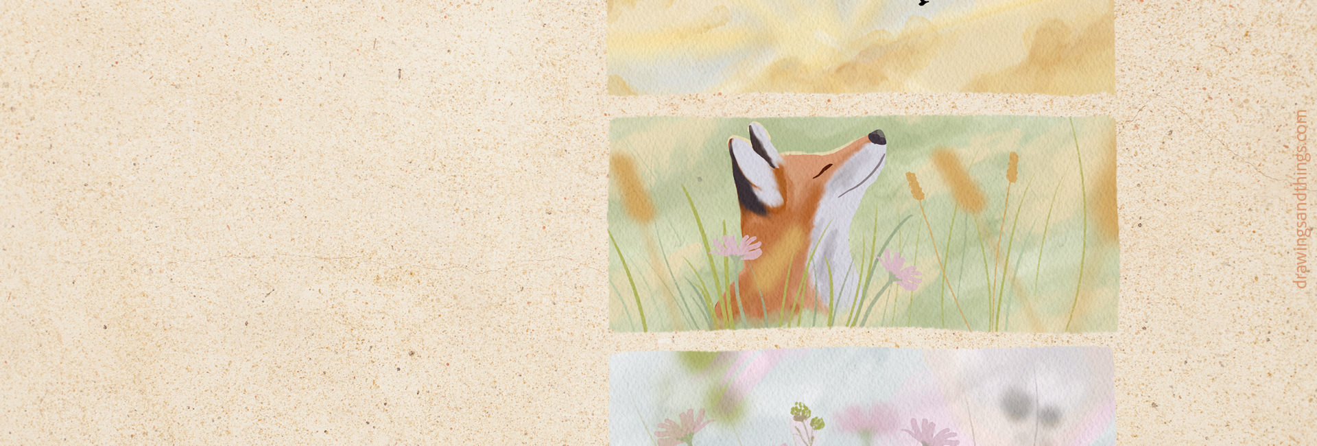 Free landscape-format wallpaper for your computer screen, featuring a series of illustrations of spring, a fox and a view of the sky. Created in Procreate by Drawings And Things.