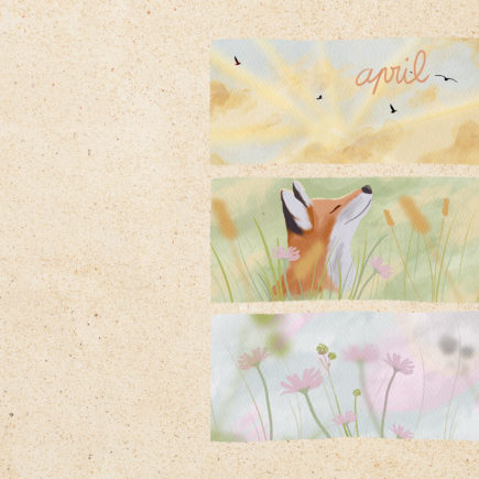 Free landscape-format wallpaper for your computer screen, featuring a series of illustrations of spring, a fox and a view of the sky. Created in Procreate by Drawings And Things.