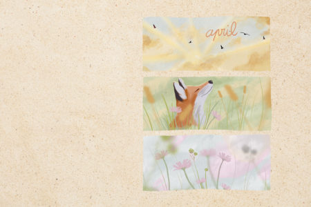 Free landscape-format wallpaper for your computer screen, featuring a series of illustrations of spring, a fox and a view of the sky. Created in Procreate by Drawings And Things.